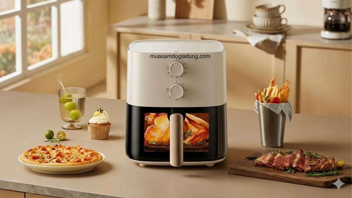 Nồi chiên không dầu trong căn bếp gia đình, thiết bị sử dụng luồng khí nóng đối lưu để làm chín thực phẩm