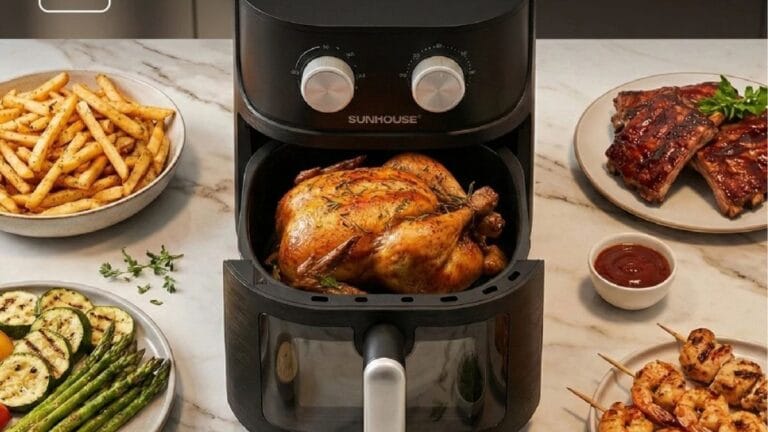 Nồi chiên không dầu đang nướng gà nguyên con trong bếp gia đình Việt