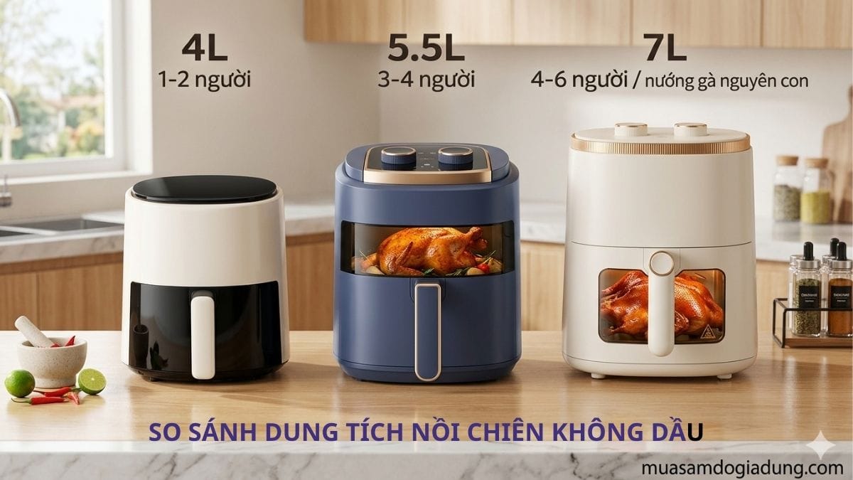 So sánh nồi chiên không dầu 4L 5.5L 7L phù hợp cho gia đình 2 đến 6 người