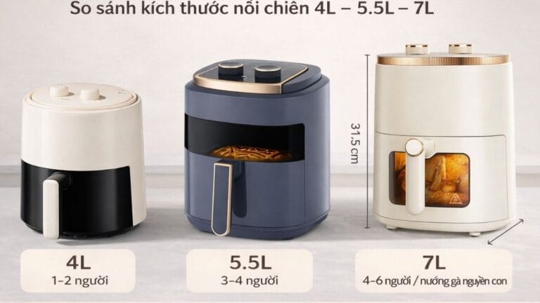 So sánh kích thước nồi chiên không dầu 4L 5.5L và 7L đặt cạnh nhau