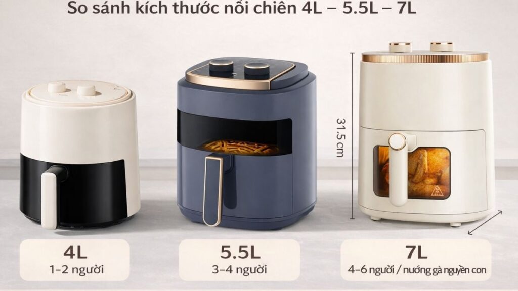 So sánh kích thước nồi chiên không dầu 4L 5.5L và 7L đặt cạnh nhau