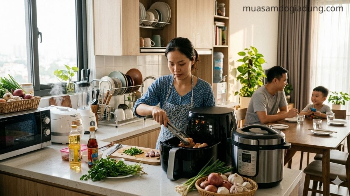 Gia đình Việt trong căn bếp hiện đại với các thiết bị đồ nhà bếp phổ biến như nồi chiên không dầu, nồi cơm điện, máy xay sinh tố ....
