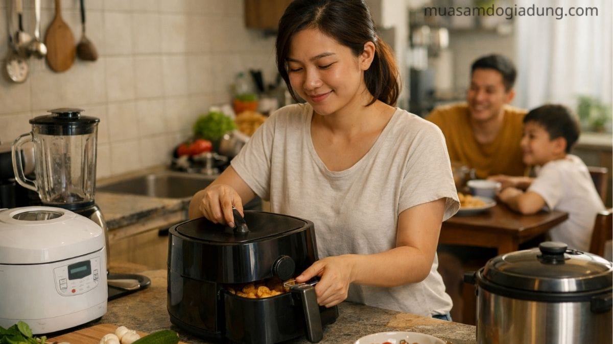 Gia đình Việt trong căn bếp hiện đại với các thiết bị đồ nhà bếp như nồi chiên không dầu, nồi cơm điện và máy xay sinh tố
