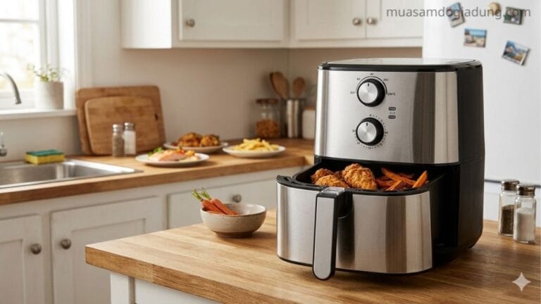 Nồi chiên không dầu Bluestone bảng điều khiển cơ với núm xoay sử dụng thực tế trong bếp gia đình