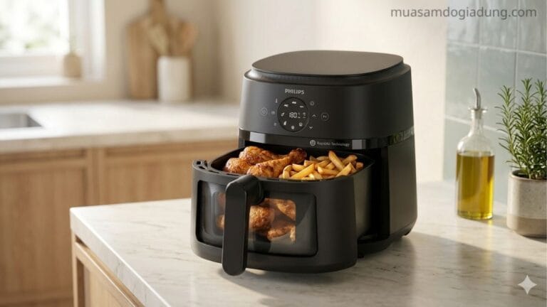 Nồi chiên không dầu Philips sử dụng thực tế với khay chiên kéo ra và thực phẩm bên trong