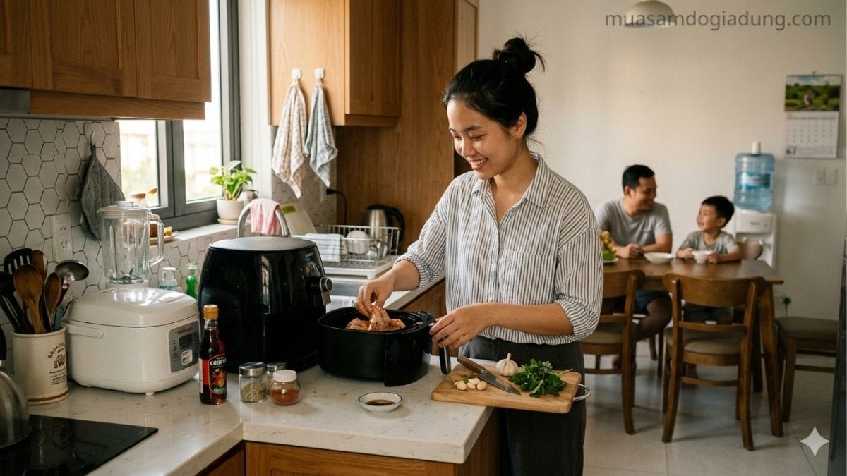 Phụ nữ Việt Nam nấu ăn bằng nồi chiên không dầu trong căn bếp hiện đại, phía sau là gia đình đang chờ bữa ăn