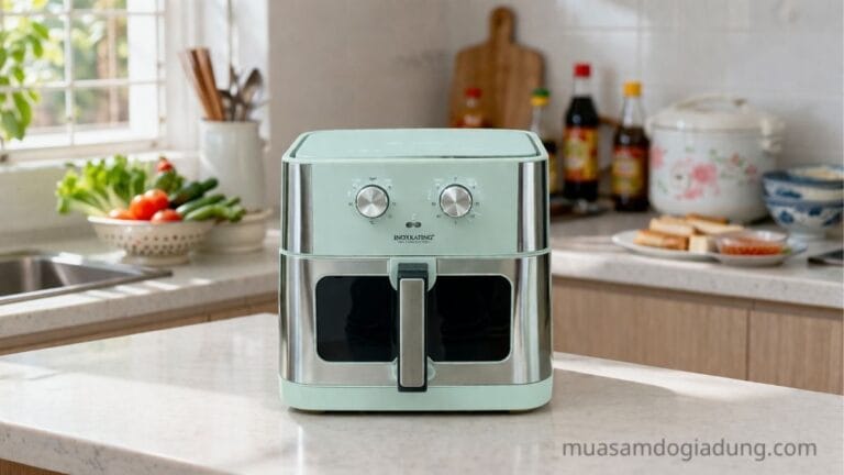 nồi chiên không dầu đặt trong không gian bếp gia đình hiện đại