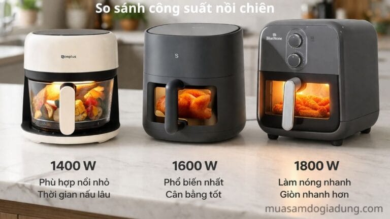 các mức công suất nồi chiên không dầu phổ biến 1400W, 1600W, 1800W