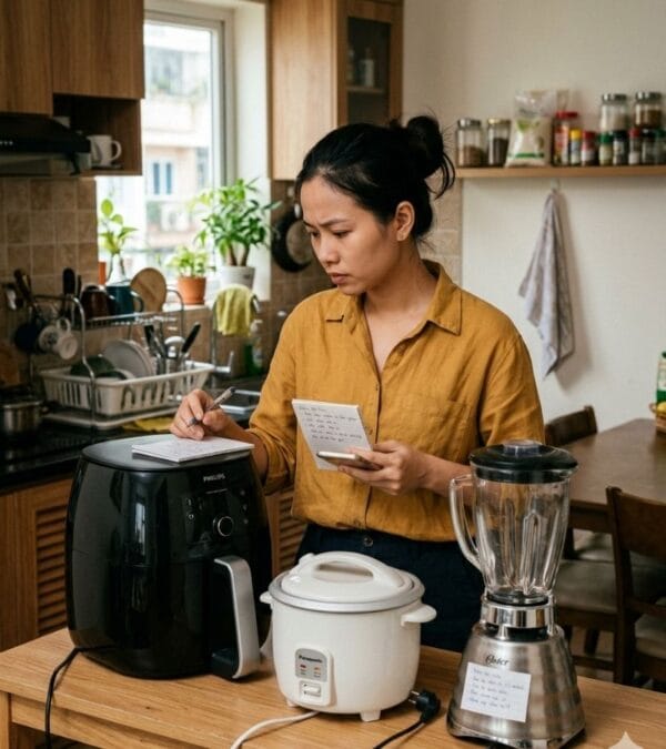 Người phụ nữ đang so sánh các thiết bị đồ gia dụng trong căn bếp hiện đại