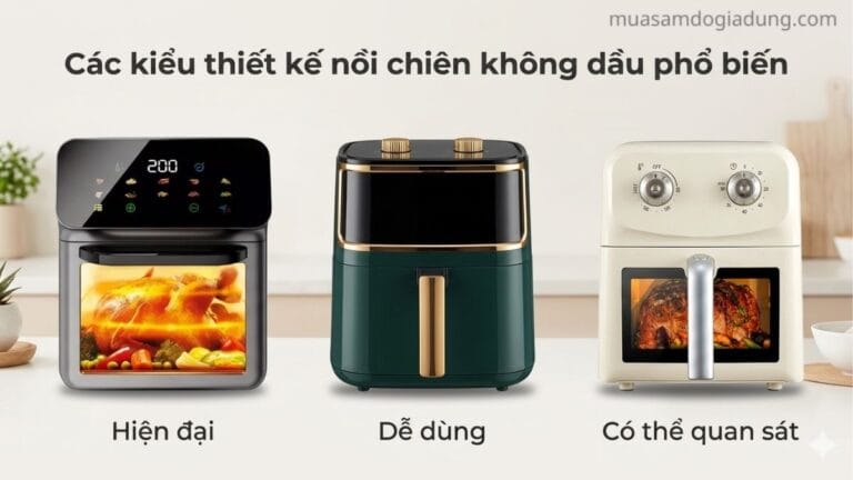 So sánh thiết kế các nồi chiên không dầu phổ biến với kiểu dáng bo tròn cảm ứng có kính và núm xoay