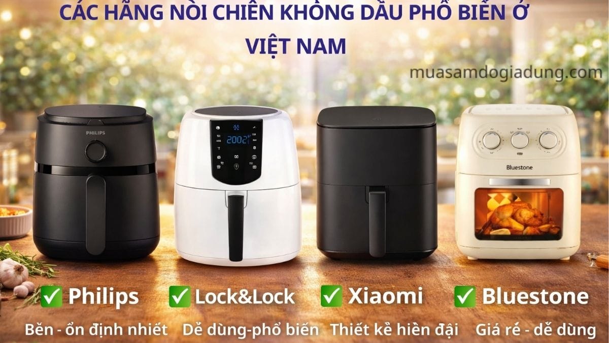 Các hãng nồi chiên không dầu phổ biến ở Việt Nam : Philips,Lock&Lock,Xiaomi,Bluestone.
