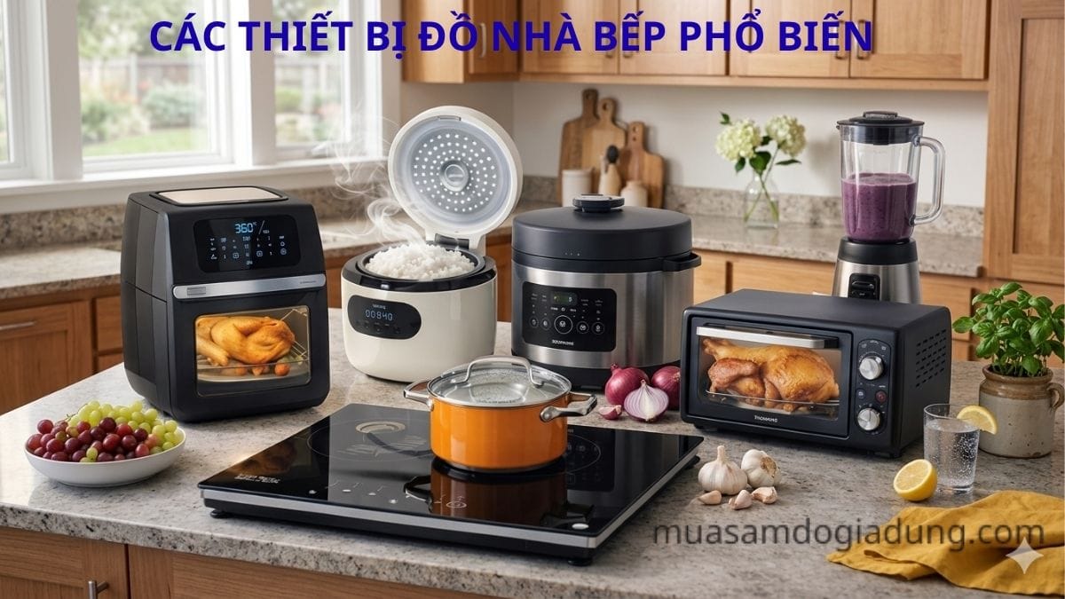 Các thiết bị đồ nhà bếp phổ biến như nồi chiên không dầu, nồi cơm điện, lò nướng, bếp từ,nồi áp suất và máy xay sinh tố trong không gian bếp hiện đại.