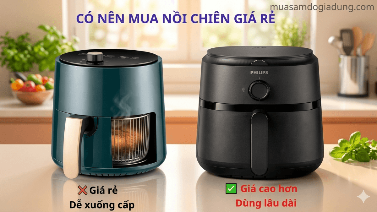 Bài viết phân tích kỹ về việc : có nên mua nồi chiên không dầu giá rẻ không? Ưu và nhược điểm của nồi chiên không dầu giá rẻ.