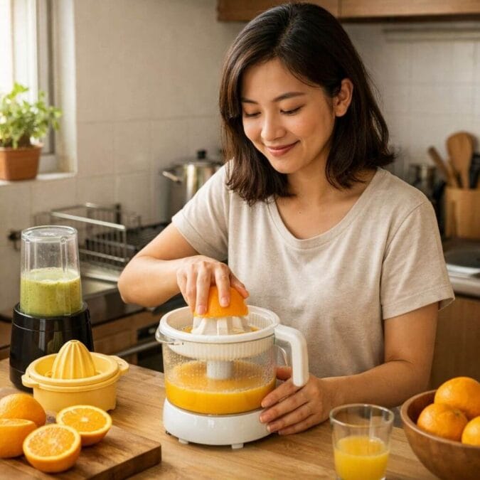 Phụ nữ Việt Nam sử dụng máy vắt cam và đồ bếp nhỏ tiện lợi trong không gian bếp gọn gàng