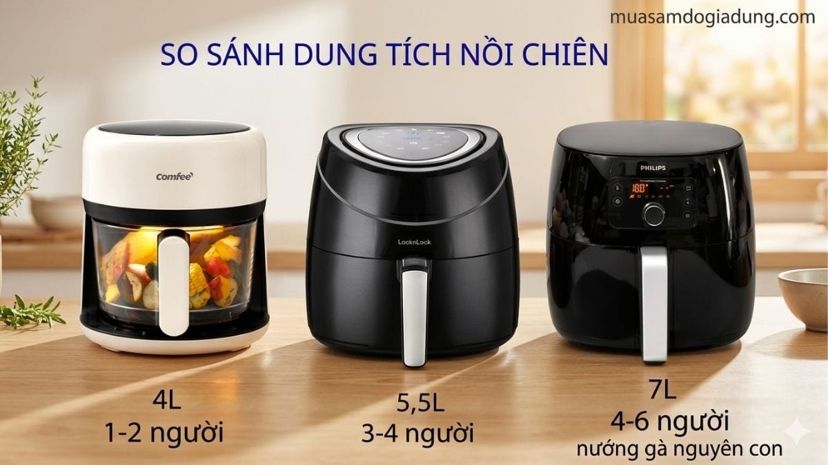 so sánh dung tích nồi chiên không dầu các dung tich khác nhau 4L,5,5L và 7L