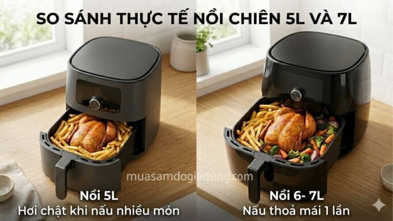 so sánh nồi chiên không dầu 4-5 lít và 6-7 lít khi nấu gà và khoai thực tế