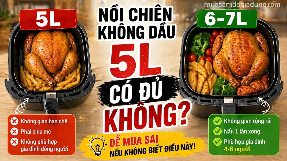 nồi chiên không dầu 4-5 lít có đủ dùng không -so sánh với nồi dung tích lớn hơn