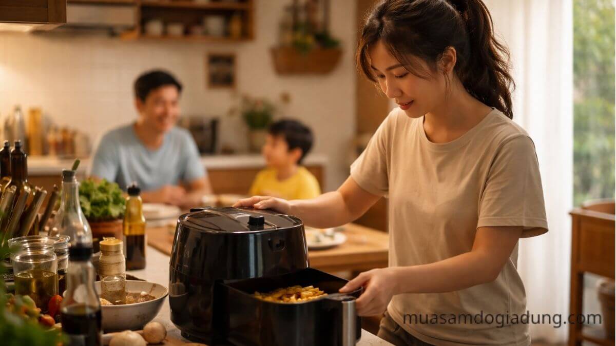 Người phụ nữ sử dụng nồi chiên không dầu trong bếp gia đình