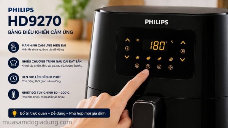 Bảng điều khiển cảm ứng của nồi chiên không dầu Philips HD9270 với các chương trình nấu cài đặt sẵn
