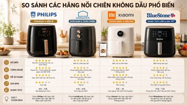 Bảng so sánh nồi chiên không dầu Philips Lock&Lock Xiaomi BlueStone