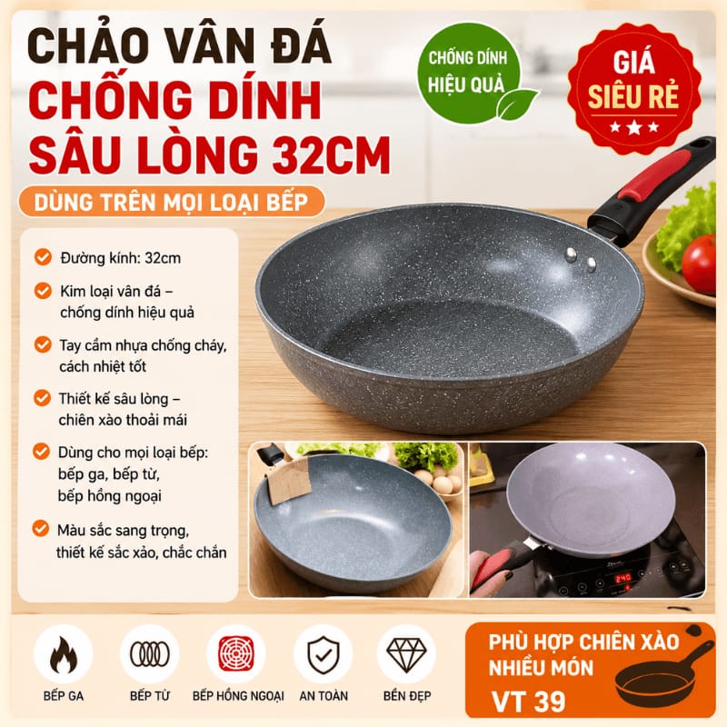 Chảo vân đá chống dính sâu lòng 32cm cán đỏ dùng mọi loại bếp