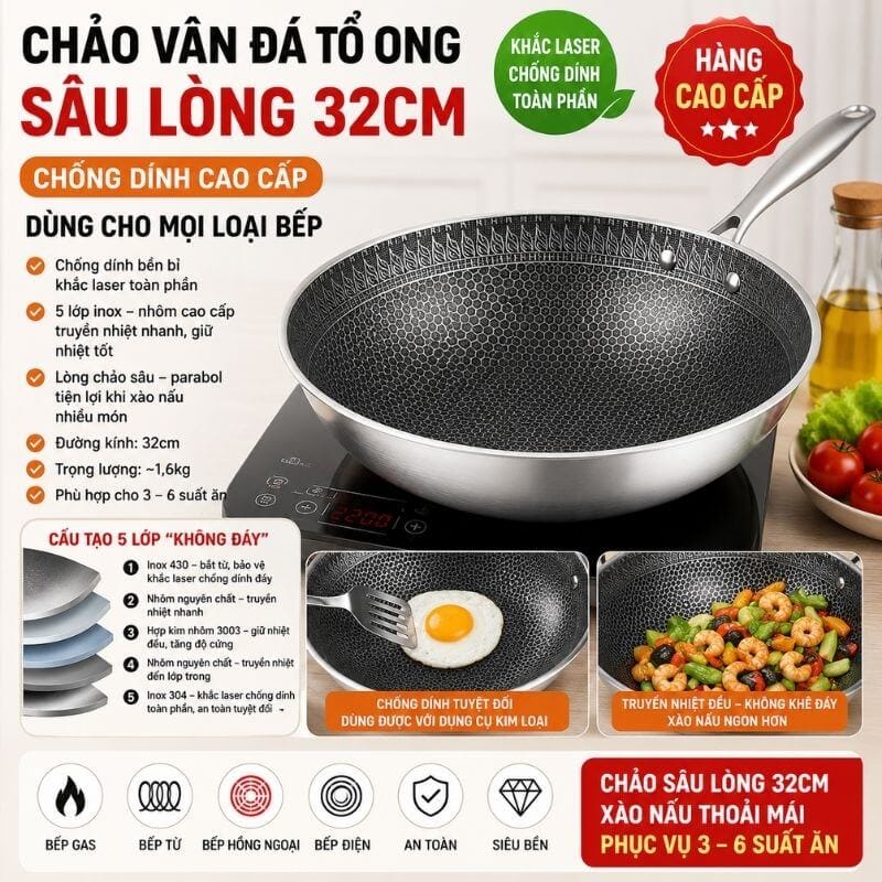 Chảo vân đá tổ ong sâu lòng 32cm chống dính cao cấp
