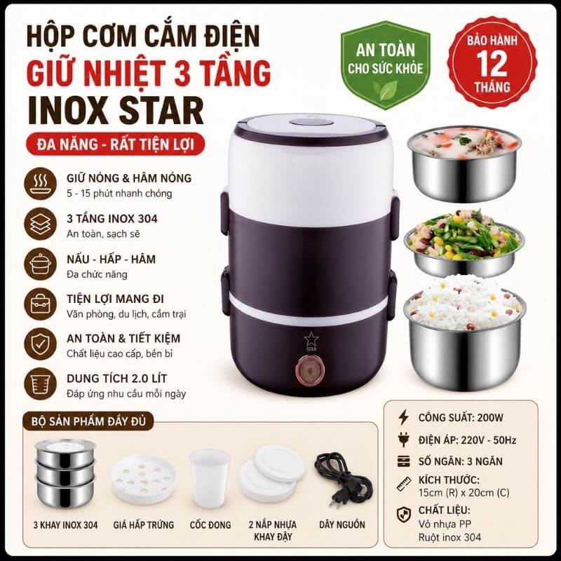 Hộp cơm cắm điện 3 tầng inox STAR