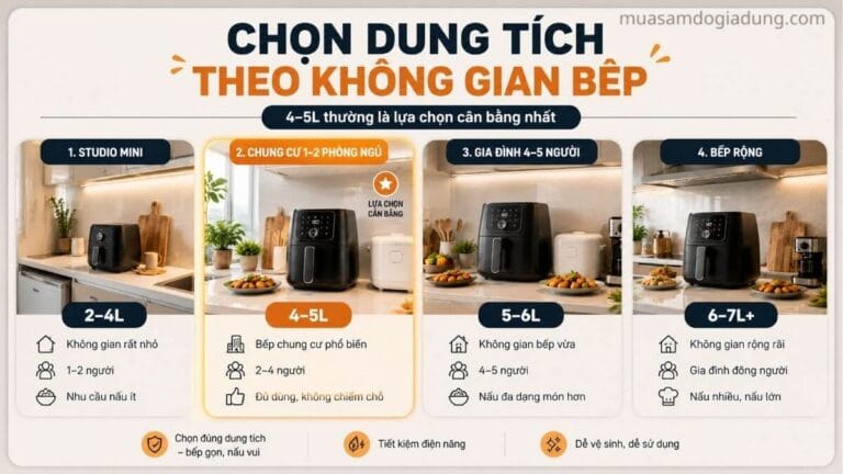 Infographic chọn dung tích nồi chiên không dầu theo không gian bếp chung cư