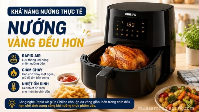 Khả năng nướng thực tế của nồi chiên không dầu Philips với gà vàng đều
