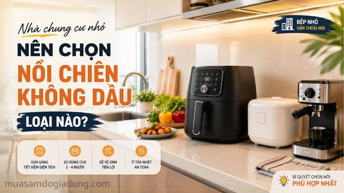 Nồi chiên không dầu nhỏ gọn đặt trong căn bếp chung cư mini hiện đại