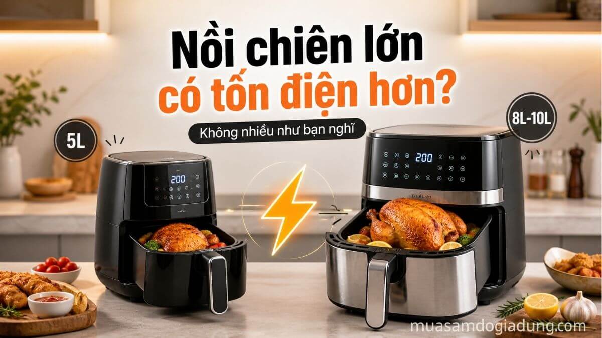 So sánh nồi chiên không dầu 5L và 8L về điện năng tiêu thụ thực tế