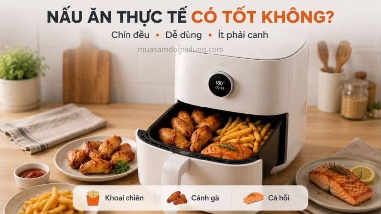 Nồi chiên không dầu Xiaomi nấu cánh gà khoai tây và cá hồi trong trải nghiệm thực tế