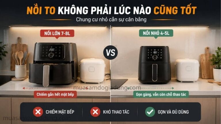 So sánh nồi chiên không dầu lớn và nhỏ trong căn bếp chung cư mini