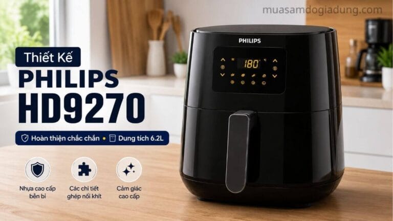 Thiết kế thực tế của nồi chiên không dầu Philips HD9270 với thân máy chắc chắn và hoàn thiện cao cấp