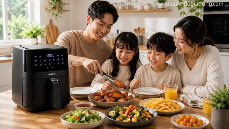Gia đình sử dụng nồi chiên không dầu Lock&Lock EJF357 trong căn bếp hiện đại