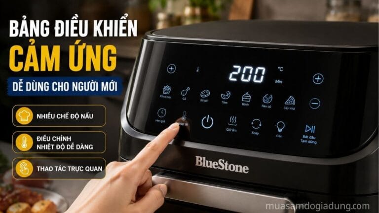 Bảng điều khiển cảm ứng của nồi chiên không dầu BlueStone AFB-5861 với các chế độ nấu và màn hình hiển thị trực quan
