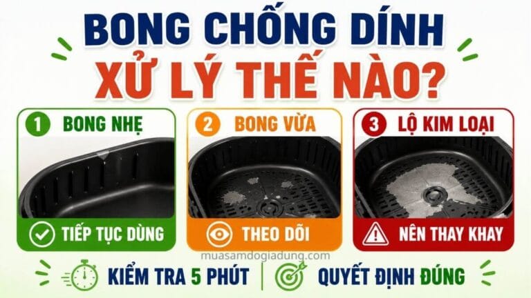 Bảng tóm tắt cách xử lý khi chống dính nồi chiên không dầu bị bong ở các mức độ khác nhau