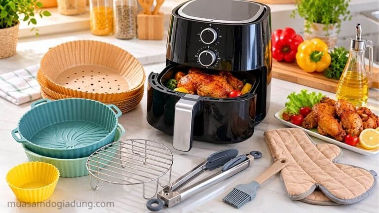 Bộ phụ kiện nồi chiên không dầu đa năng gồm giấy nến khay silicon kẹp gắp và găng tay chịu nhiệt