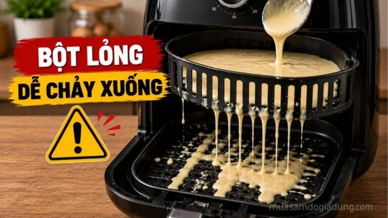 Bột lỏng chảy qua các khe của giỏ chiên nồi chiên không dầu