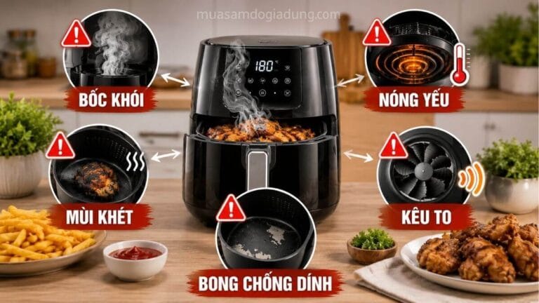Các lỗi phổ biến của nồi chiên không dầu như bốc khói mùi khét nóng yếu và bong chống dính
