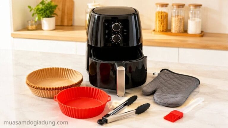 Các phụ kiện nồi chiên không dầu phổ biến như giấy nến khay silicon kẹp gắp và găng tay chịu nhiệt