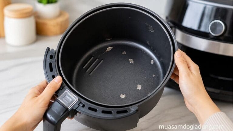 Người dùng kiểm tra lớp chống dính bị bong bên trong giỏ nồi chiên không dầu