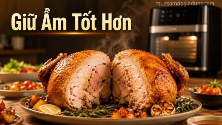 Gà nguyên con nướng bằng nồi chiên hơi nước giữ được độ ẩm bên trong