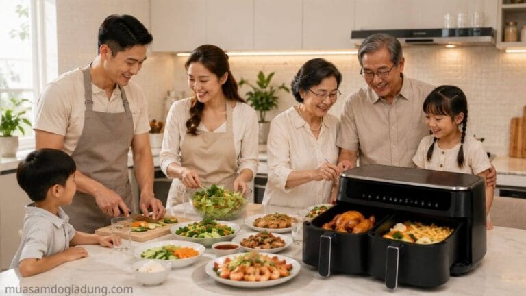 Gia đình đông người sử dụng nồi chiên không dầu 2 ngăn để chuẩn bị nhiều món ăn cùng lúc