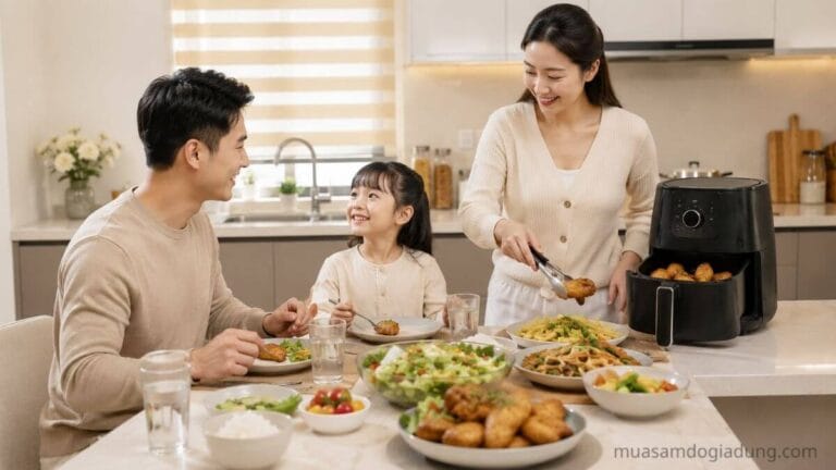 Gia đình nhỏ sử dụng nồi chiên không dầu 1 ngăn để chuẩn bị bữa ăn hằng ngày
