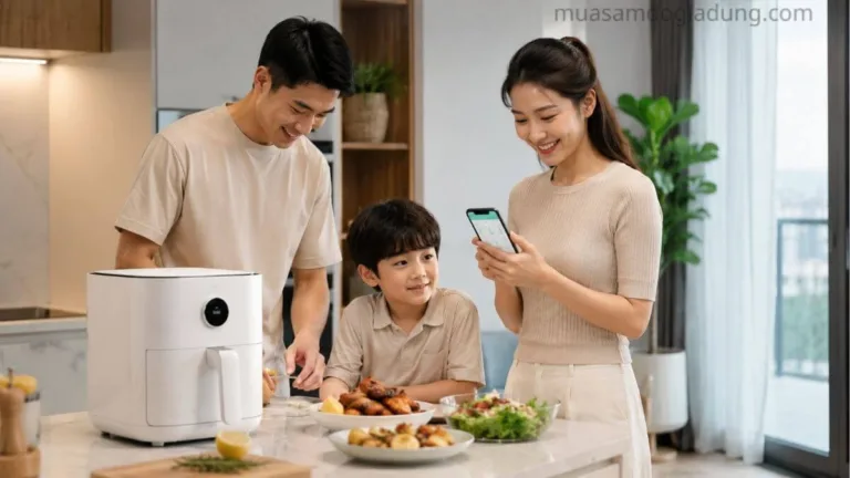 Gia đình trẻ sử dụng nồi chiên không dầu Xiaomi Mi Smart 6.5L trong căn bếp hiện đại
