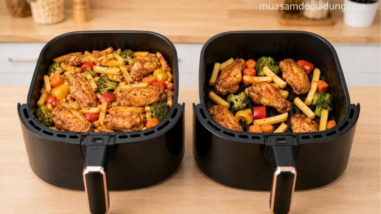 So sánh giỏ chiên không dầu quá đầy thực phẩm và giỏ chiên được sắp xếp đúng dung lượng