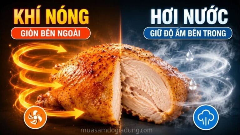 Khí nóng tạo độ giòn bên ngoài trong khi hơi nước giúp giữ độ ẩm bên trong thực phẩm