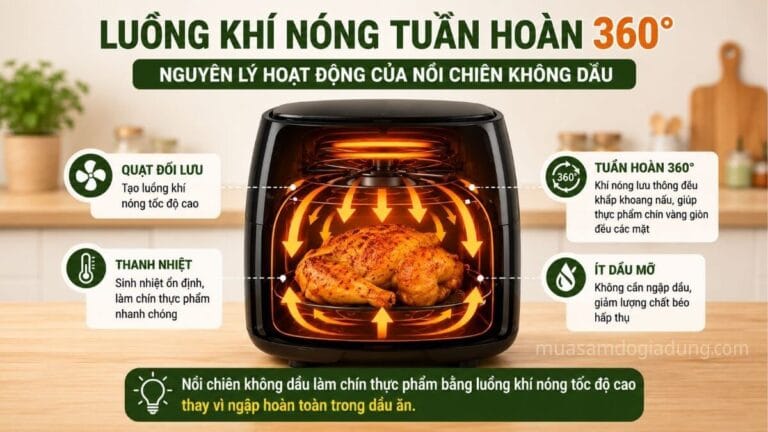 Mô phỏng luồng khí nóng tuần hoàn 360 độ trong nồi chiên không dầu giúp thực phẩm chín vàng giòn bằng công nghệ khí nóng tốc độ cao