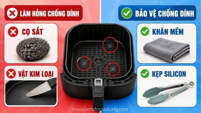 Dụng cụ vệ sinh kim loại và thói quen sử dụng sai khiến chống dính nồi chiên không dầu bị bong